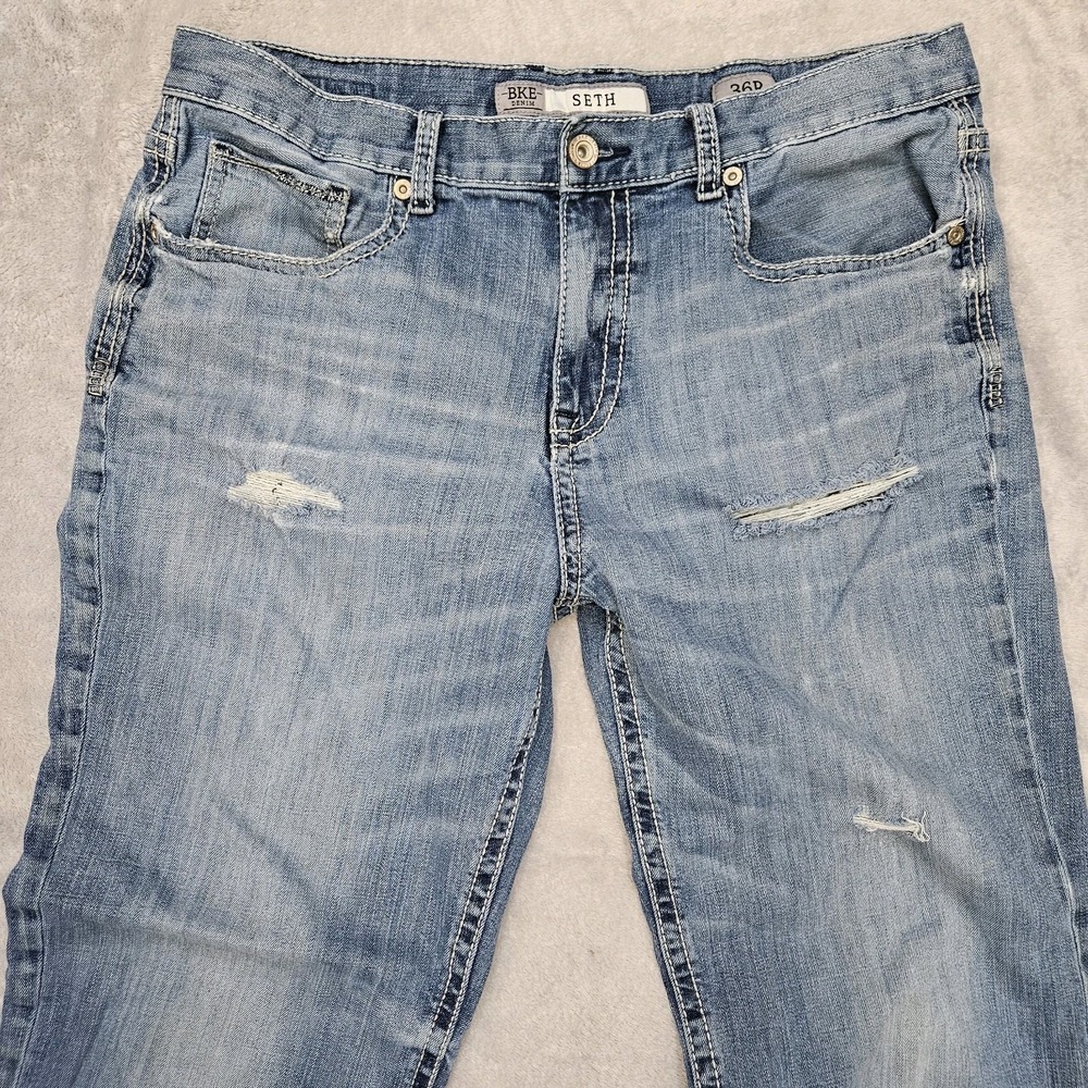 BKE Seth 36R Straight Leg Distressed Jeans Light Wash‎ Y2K Denim Crazy Fade - Picture 3 of 15